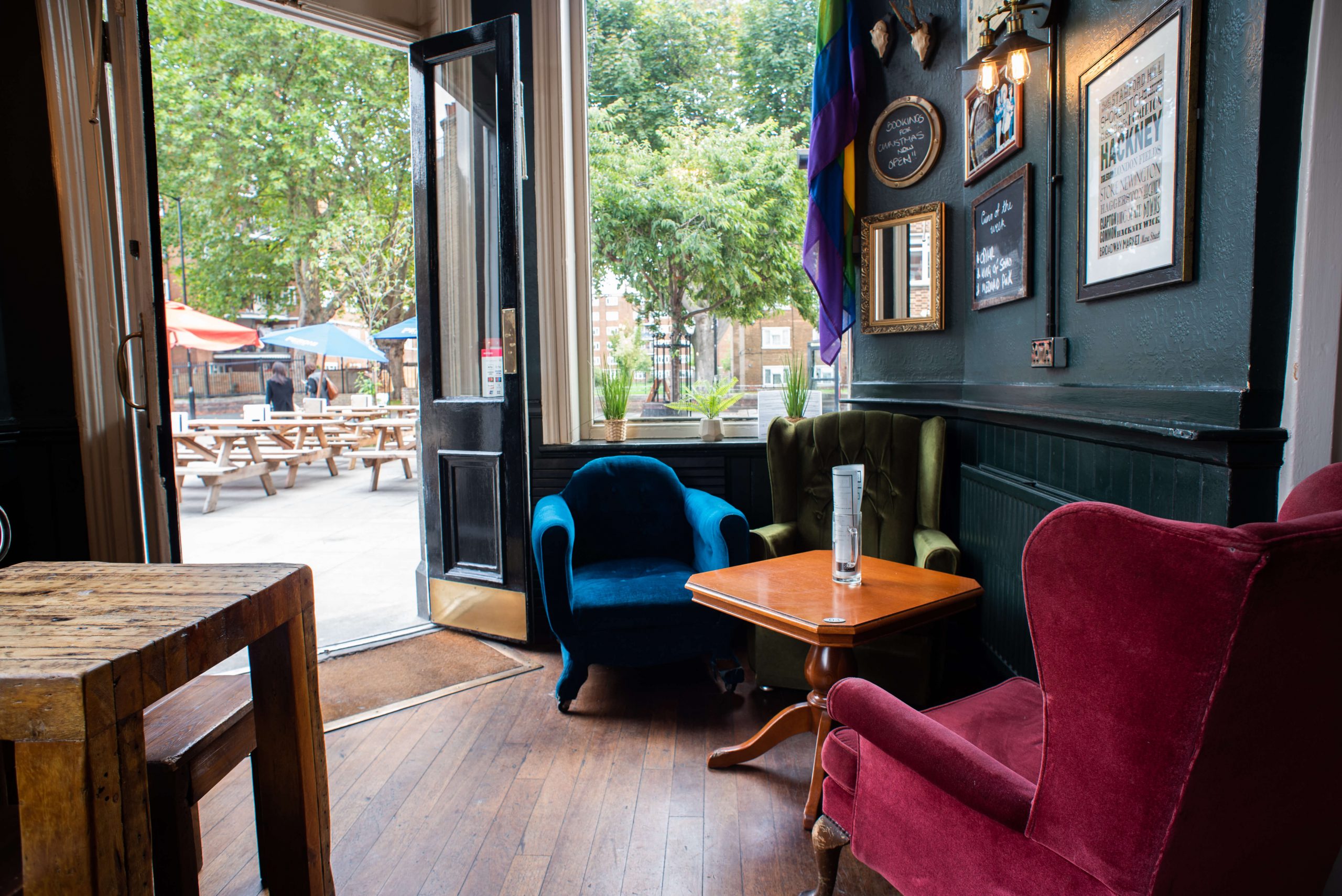 Armchairs by the door onto Pitfield Street