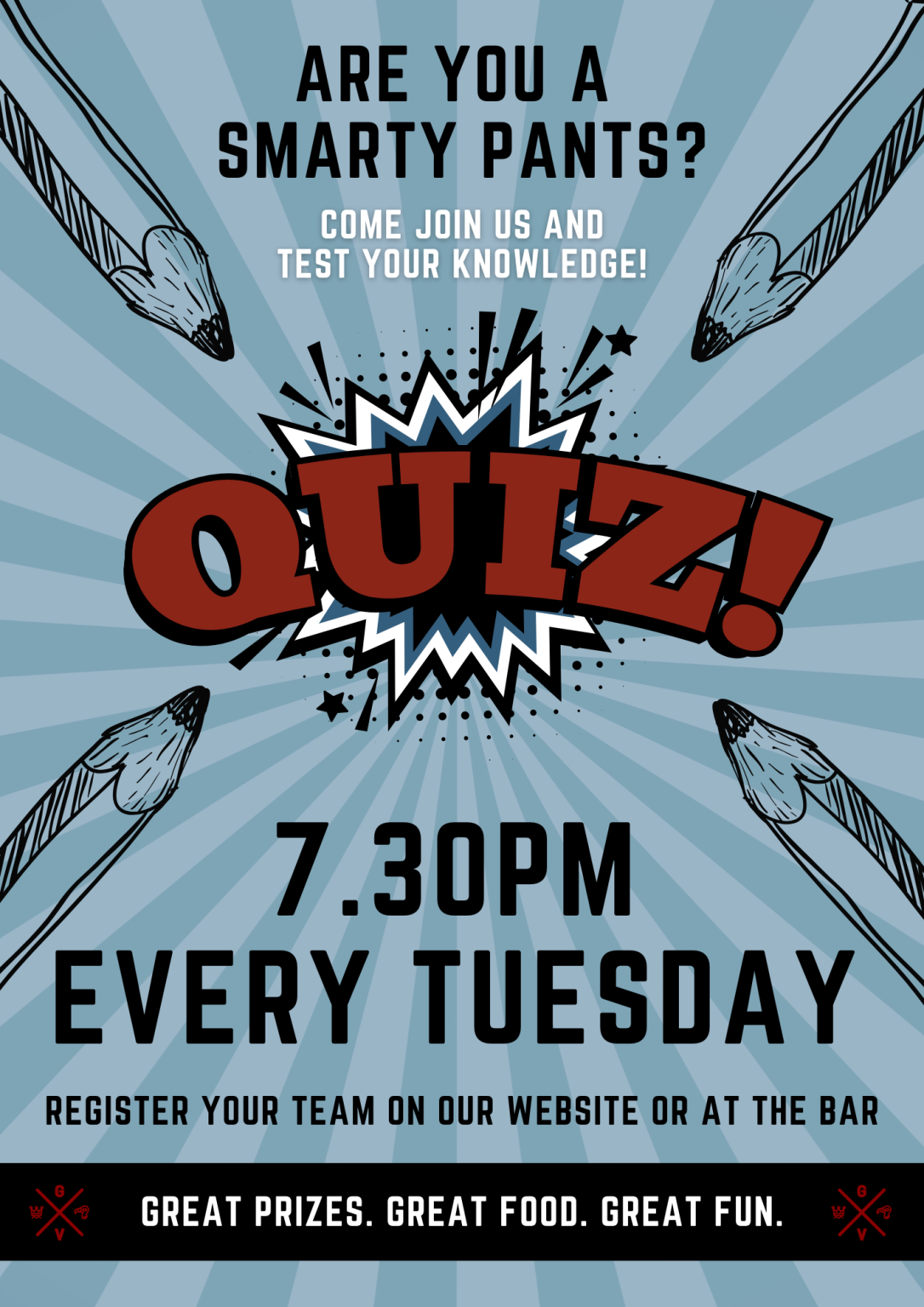 Quiz night poster, 7.30pm every Tuesday